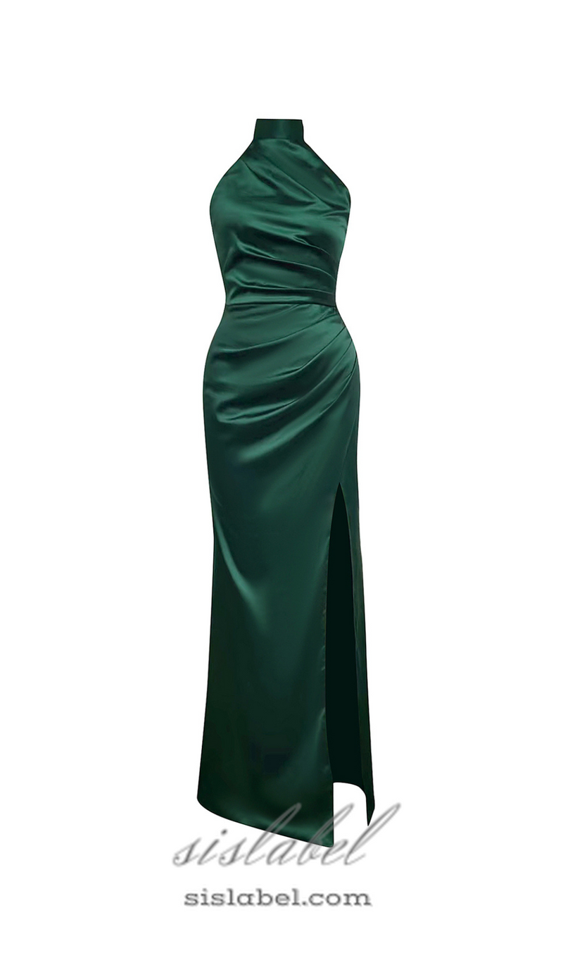 EMMA HALTER SLIT SATIN MERMAID MAXI DRESS IN GREEN