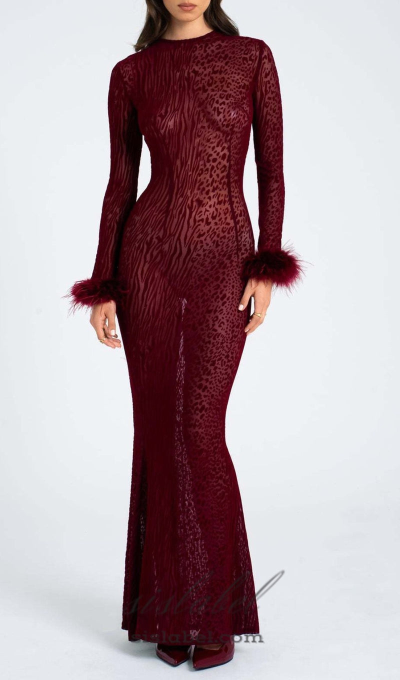 burgundy mesh feather maxi dress