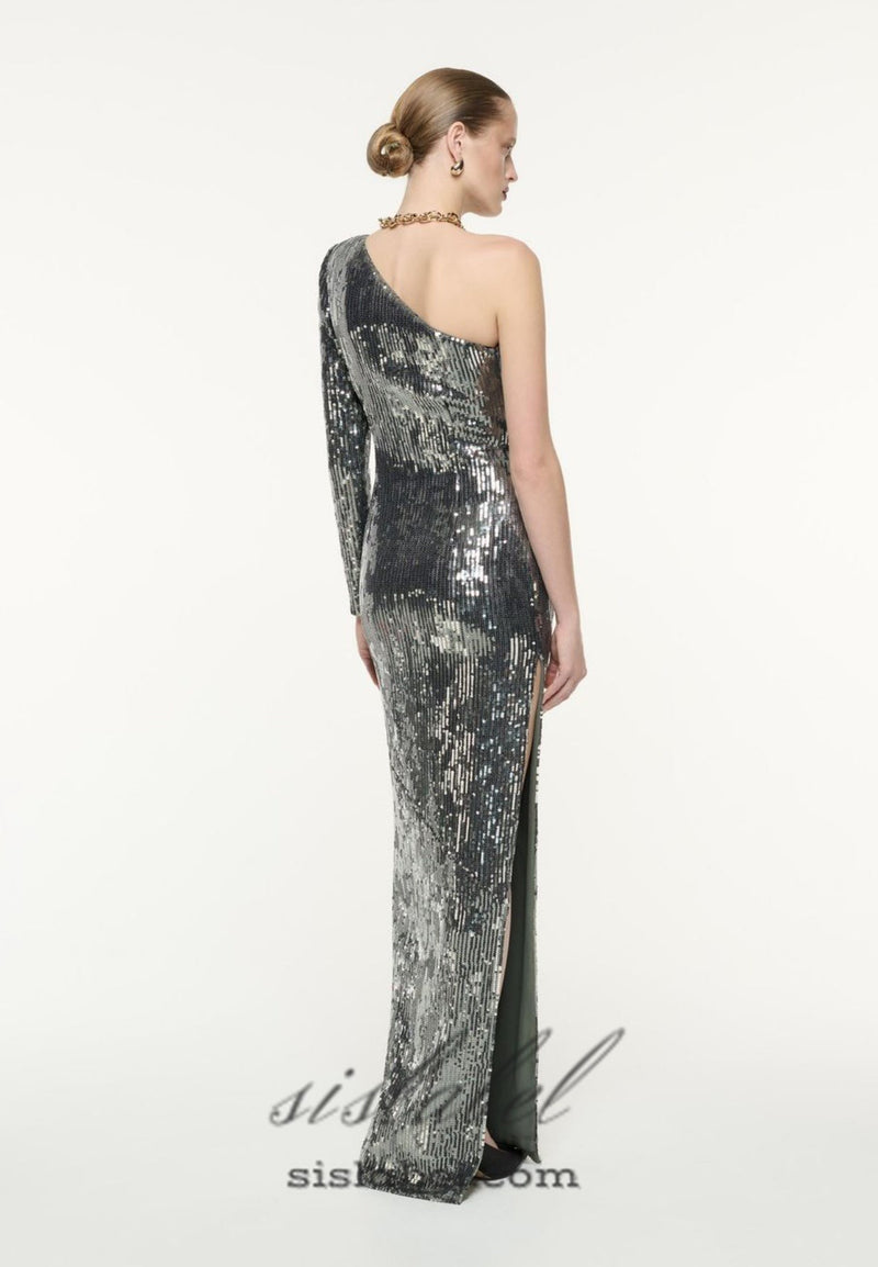 Floral-appliqué sequin gown in silver