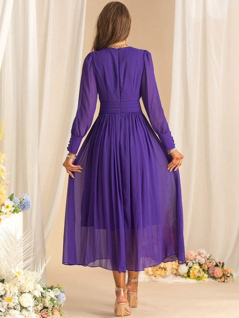 three-dimensional flower v-neck purple chiffon maxi dress