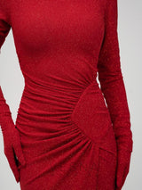 ROTES MAXIKLEID MIT PAILLETTENVERZIERUNG UND RÜSCHEN