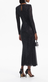 ROBE MIDI À COL EN V EN MAILLE AVEC STRASS NOIR 