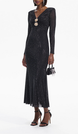 ROBE MIDI À COL EN V EN MAILLE AVEC STRASS NOIR 