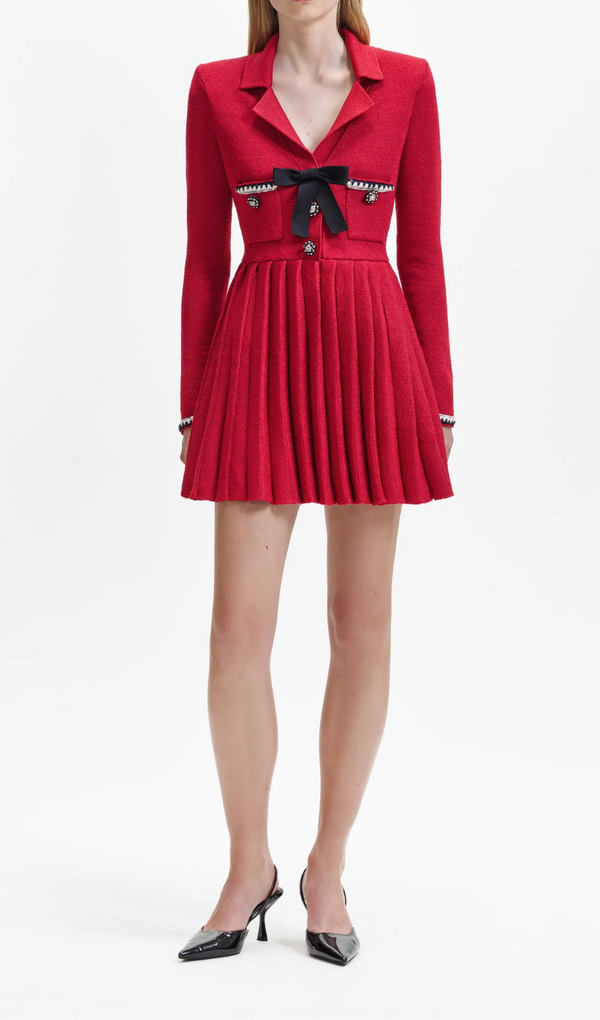 RED KNIT BOW MINI DRESS