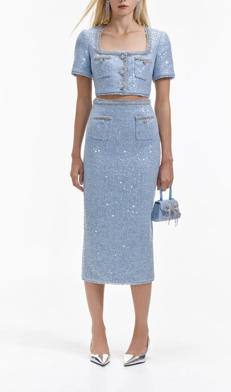 JUPE MIDI BOUCLE À SEQUINS BLEU 