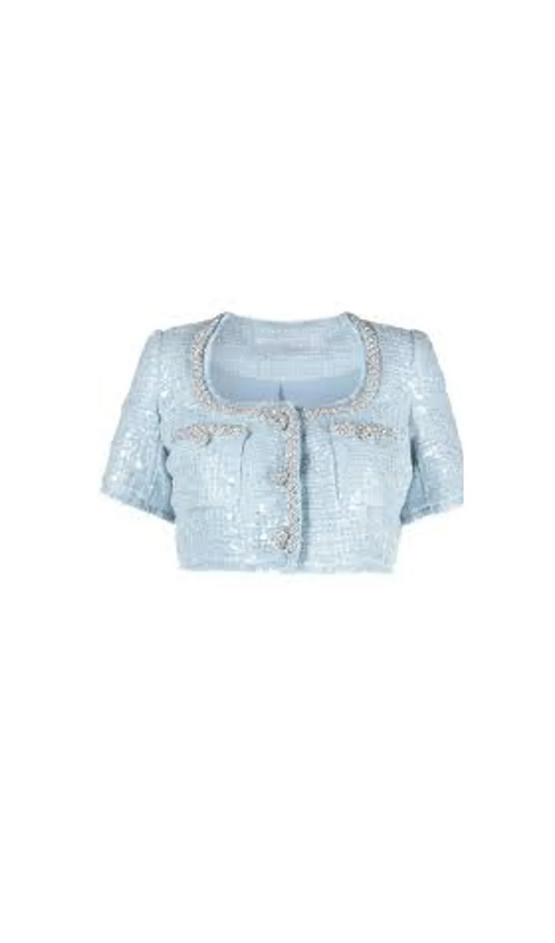 BLAUES BOUCLE-CROP-TOP MIT PAILLETTEN 