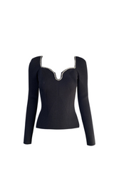 BLACK KNIT DIAMANTE TRIM TOP