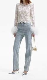 CREAM CORD LACE FEATHER TOP