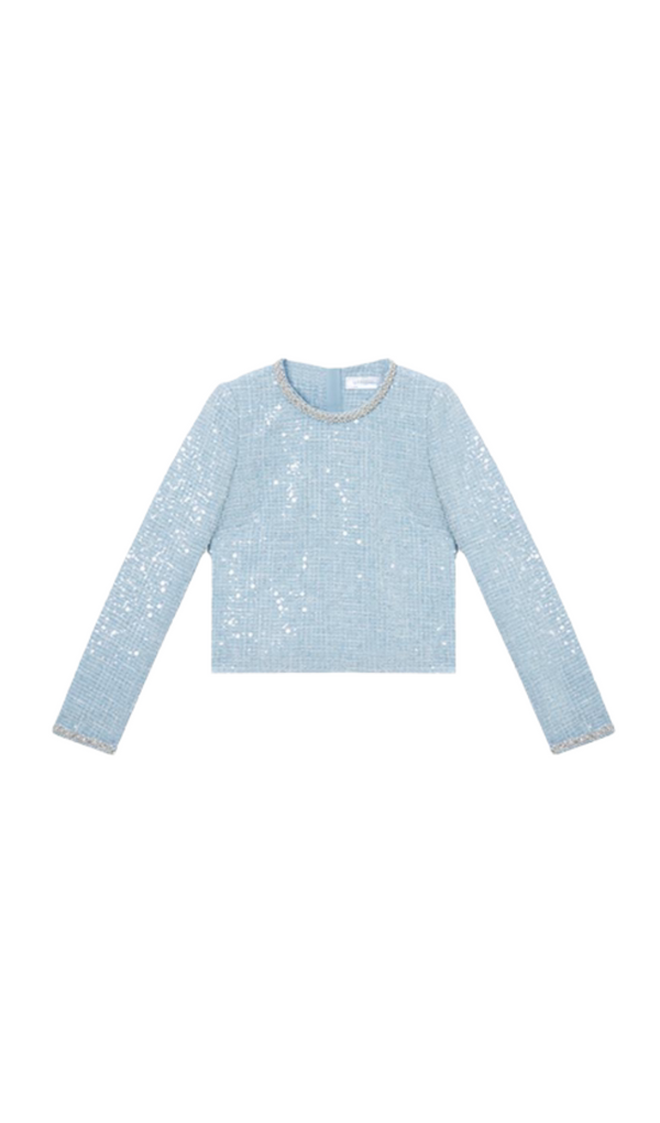 BLAUES BOUCLE-TOP MIT PAILLETTEN 