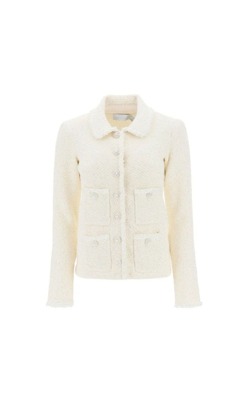 CREME STRICK-CARDIGAN MIT PAILLETTEN UND PERLEN 