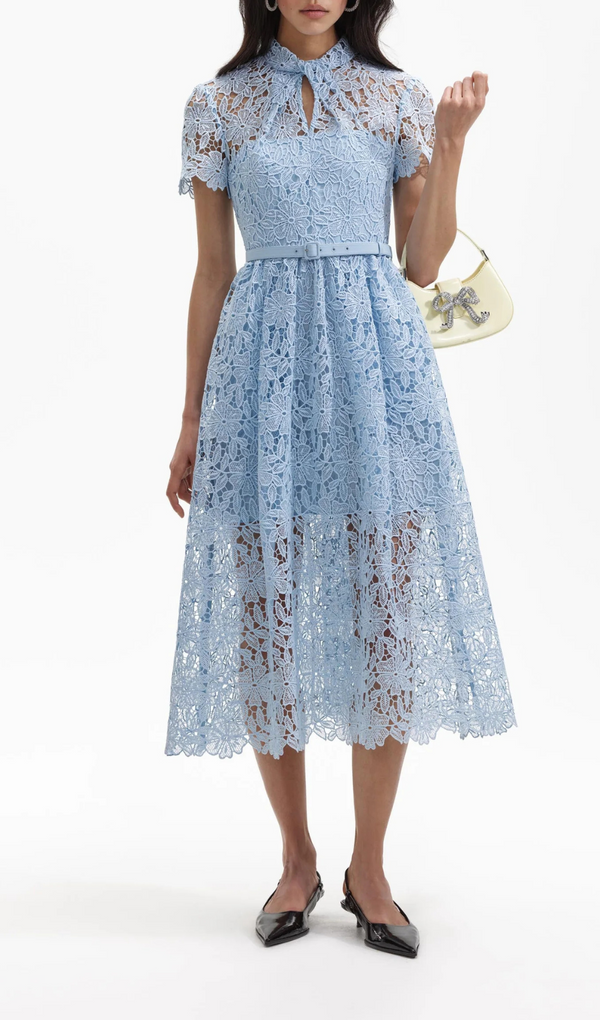 BLUE GUIPURE LACE A LINE MIDI DRESS