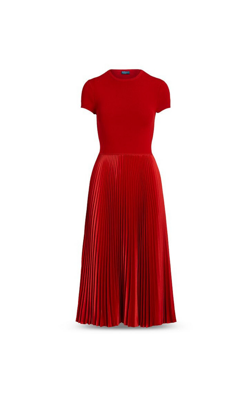 RED PLEATED MIDI DRESS