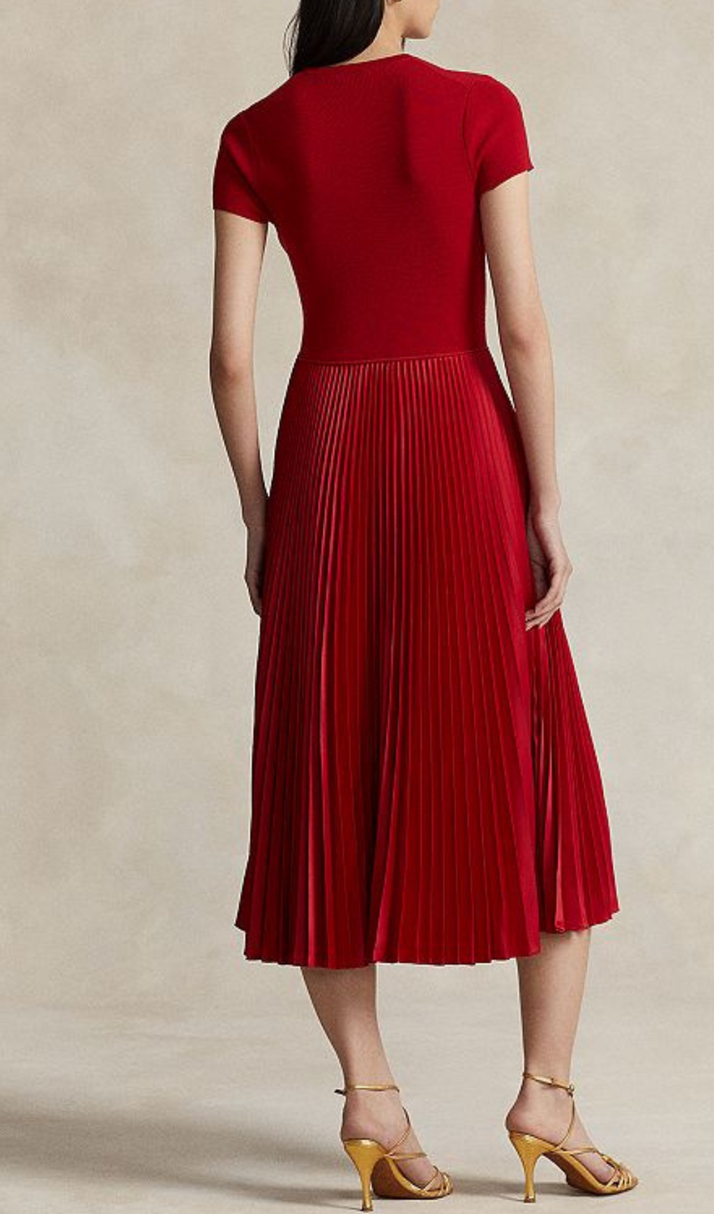 RED PLEATED MIDI DRESS