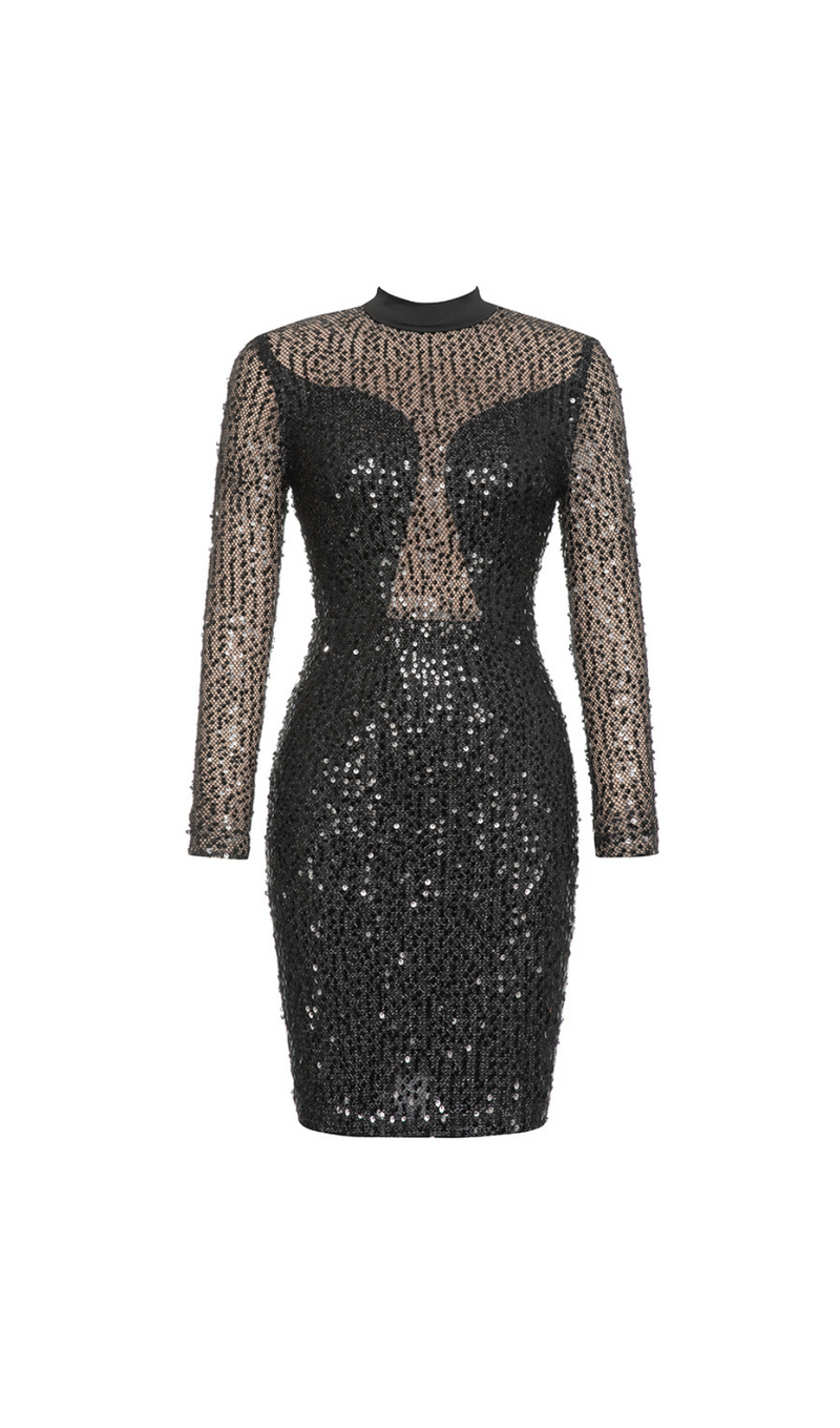 ROBE BODYCON À SEQUINS À COL MONTANT 