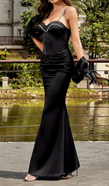 ROBE MAXI DRAPÉE BUSTIER CRISTAL NOIR 