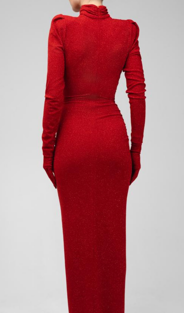 ROTES MAXIKLEID MIT PAILLETTENVERZIERUNG UND RÜSCHEN