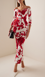 OFF-THE-SHOULDER ROSE-PRINT CREPE HOURGLASS JACKET SUIT