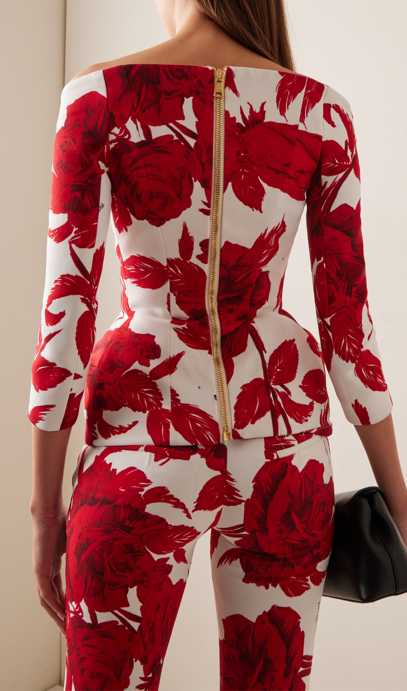 OFF-THE-SHOULDER ROSE-PRINT CREPE HOURGLASS JACKET SUIT