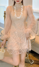 APRICOT MESH LANTERN SLEEVE BEADING DRESS