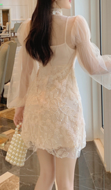 APRICOT MESH LANTERN SLEEVE BEADING DRESS