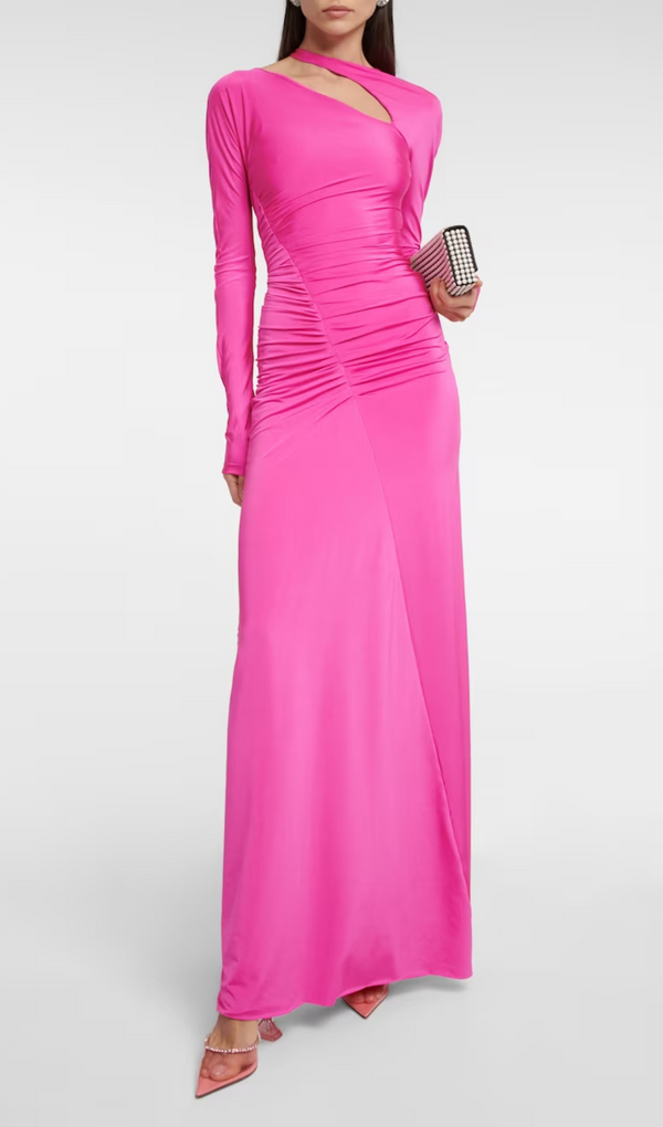 ASYMMETRIC RUCHED LONG SLEEVE MAXI DRESS