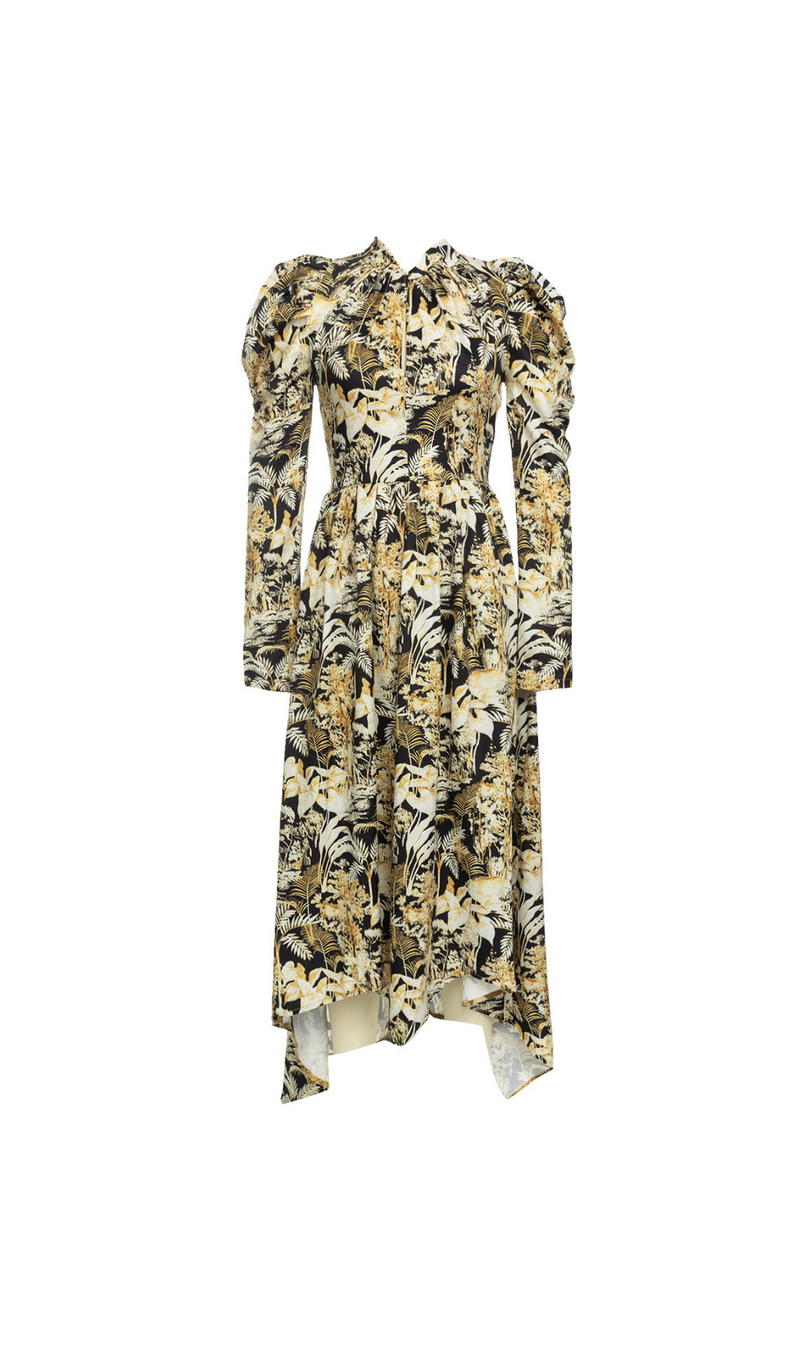 KLEID MIT ASYMMETRISCHEM SAUM UND TROPISCHEM PRINT 