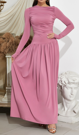 LONG SLEEVE RUCHED FLOWY MAXI DRESS