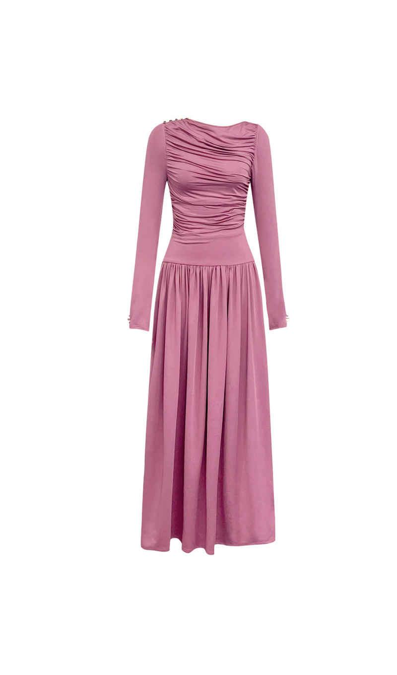 LONG SLEEVE RUCHED FLOWY MAXI DRESS