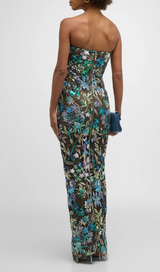 STRAPLESS FLORAL-EMBELLISHED COLUMN GOWN