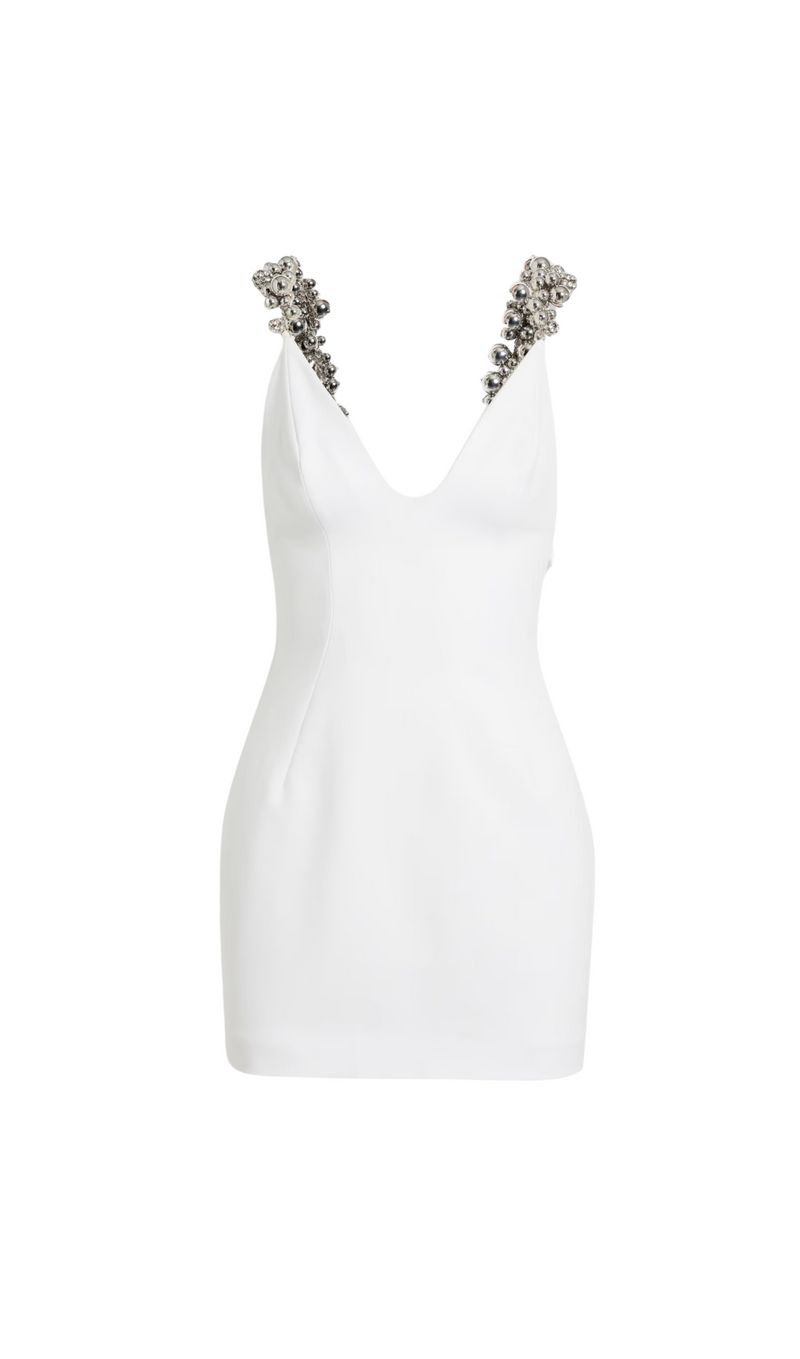 ROBE MINI EN CADY EMBELLI EN BLANC