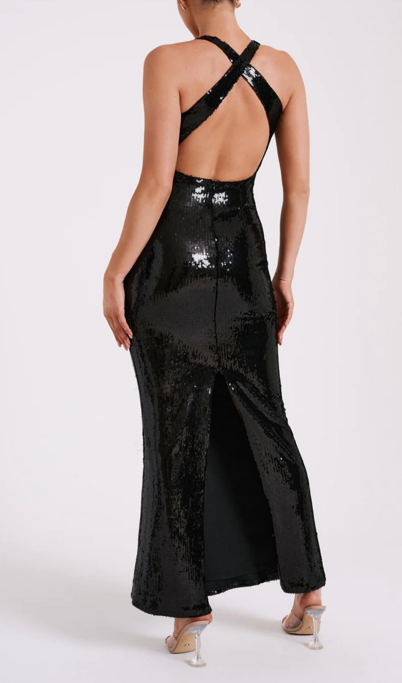 ROSE SEQUIN MAXI DRESS IN BLACK