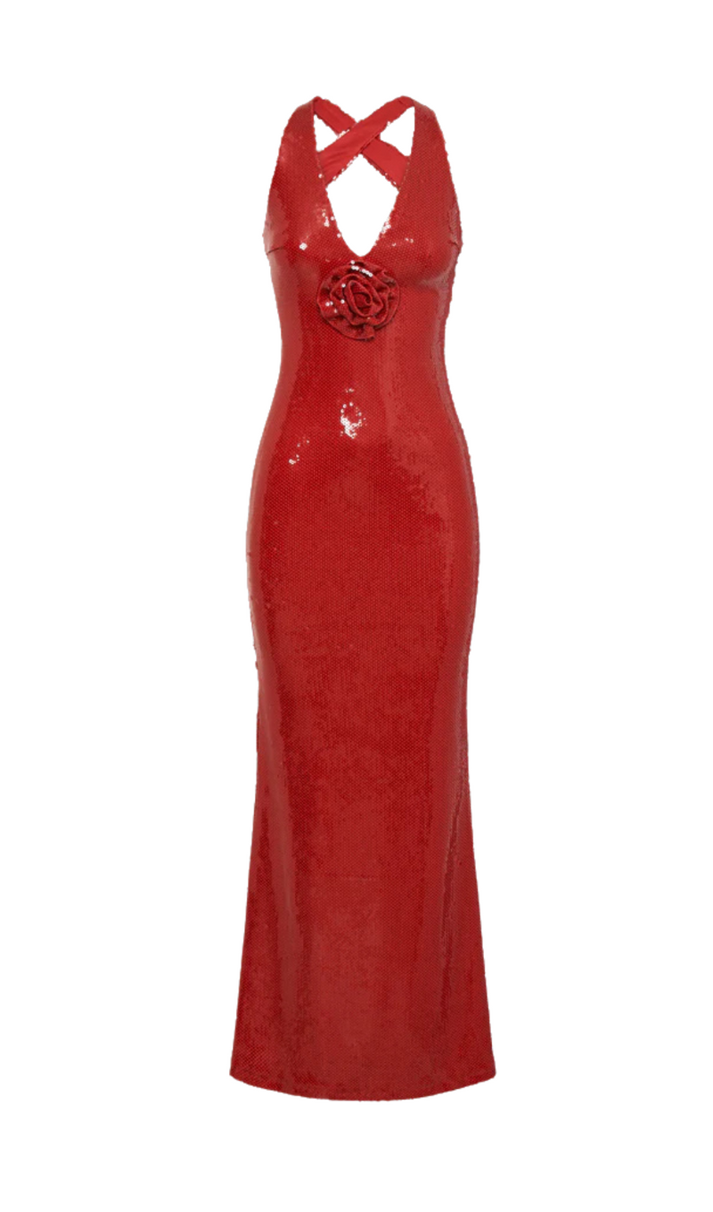 ROBE MAXI À SEQUINS ROSE EN ROUGE