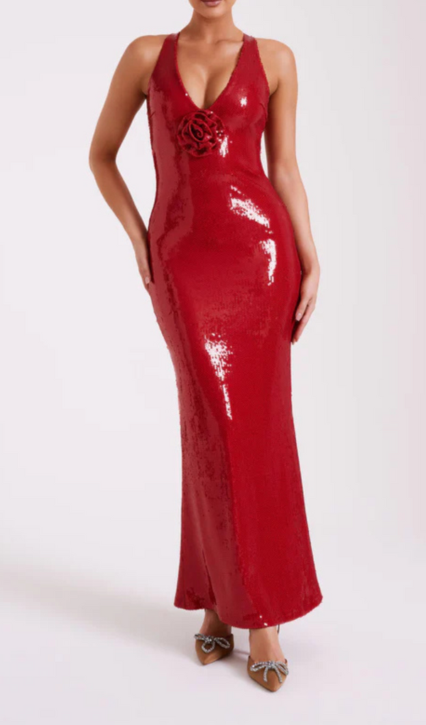 MAXIKLEID MIT PAILLETTEN IN ROT