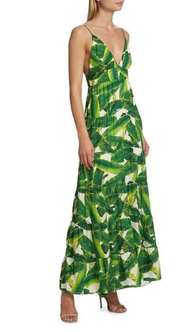 MAXIKLEID MIT TRÄGERN UND BLÄTTERPRINT