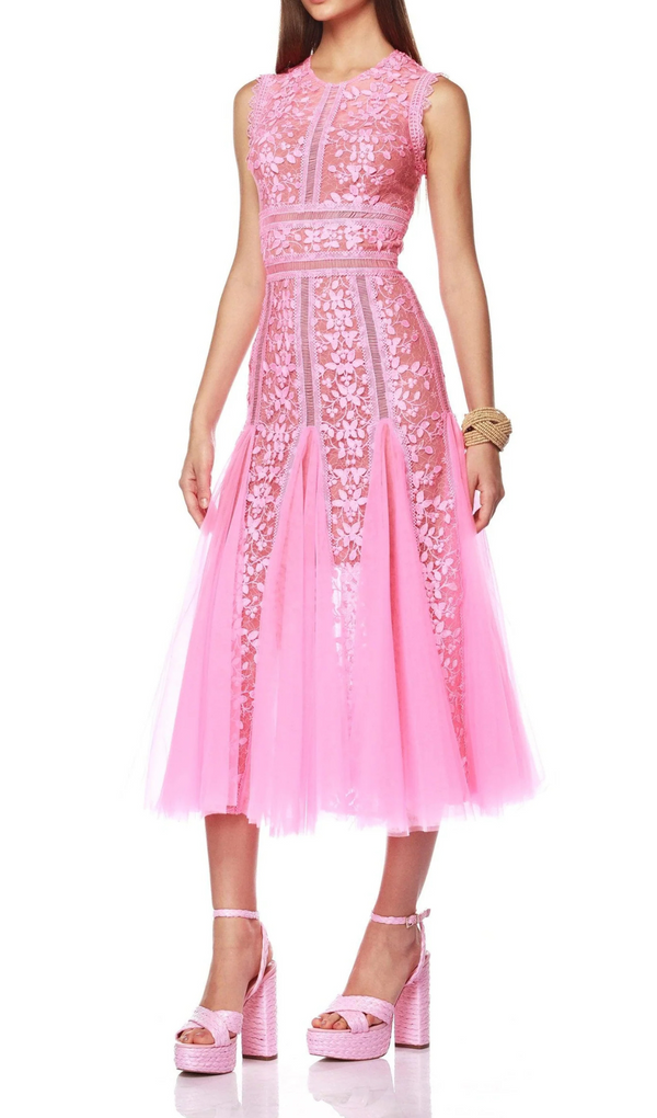 HEATHER EMBROIDERED LACE MIDI DRESS IN PINK