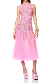 ROBE MIDI EN DENTELLE BRODÉE HEATHER EN ROSE 