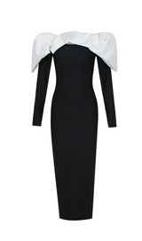 ROBE MIDI BARDOT MANCHES LONGUES NOIR BLANC