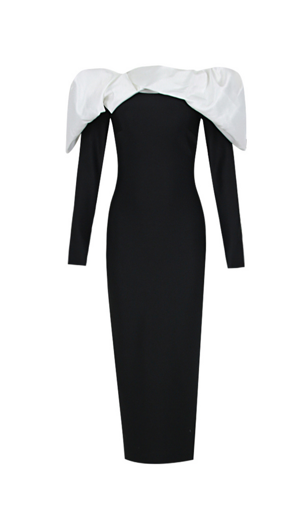 LONG SLEEVE PUFF BARDOT MIDI DRESS BLACK WHITE