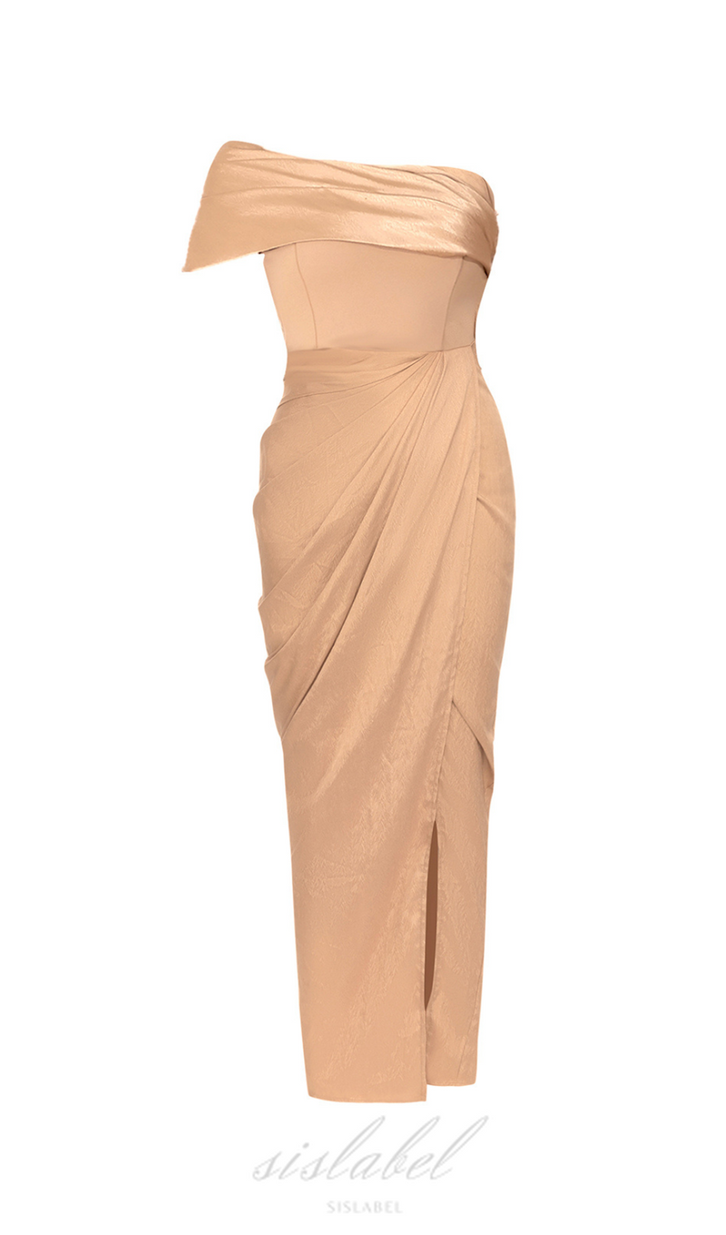 DRAPED RUCHED ONE SHOULDER MIDI DRESS