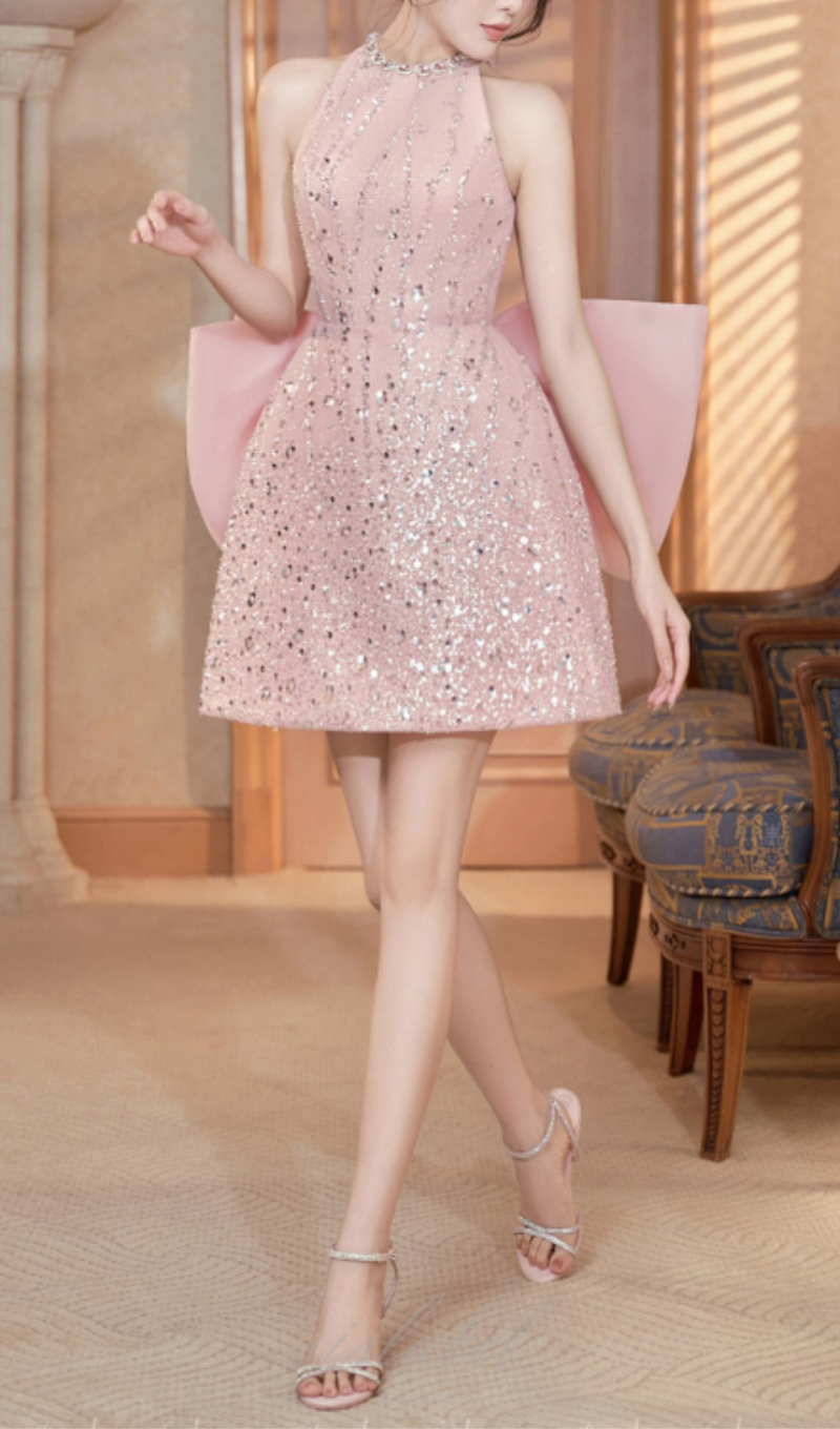 EMBELLISHED BOW BACK MINI DRESS IN PINK