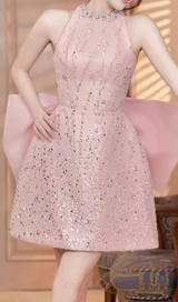 EMBELLISHED BOW BACK MINI DRESS IN PINK