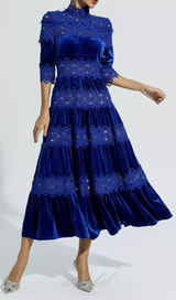 HOLLOW PATCHWORK VELVET DRESS IN BLUE