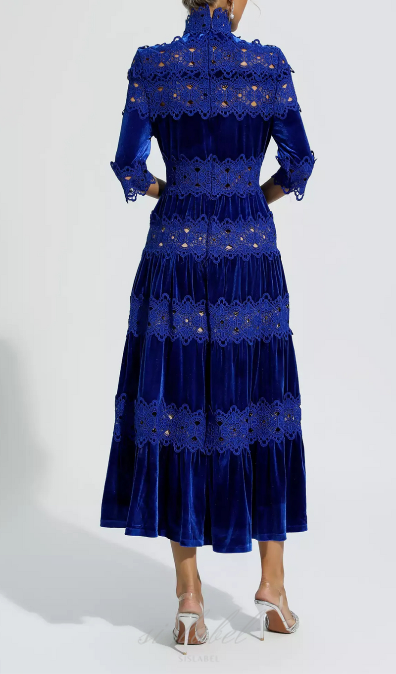 ROBE EN VELOURS CREUX PATCHWORK BLEU