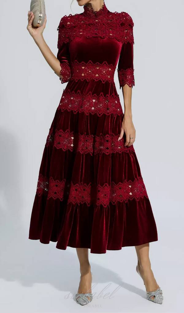 HOLLOW PATCHWORK VELVET DRESS IN RED