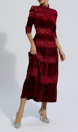 HOLLOW PATCHWORK VELVET DRESS IN RED