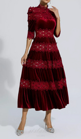 HOLLOW PATCHWORK VELVET DRESS IN RED