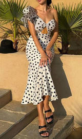 ONE-SHOULDER RUFFLES POLKA DOTS SWIMWEAR