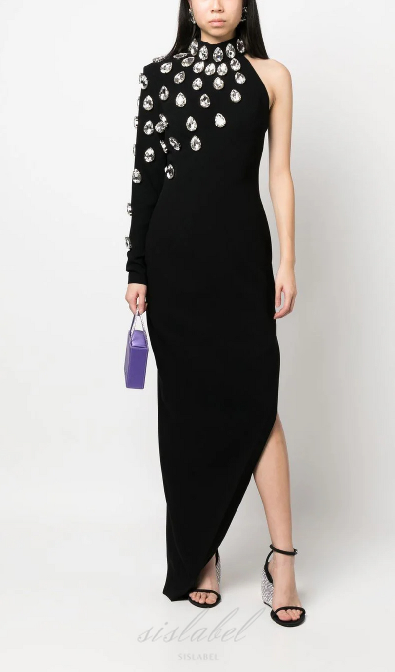 ONE-SHOULDER CRYSTAL LONG-SLEEVED LEG-EXPOSED BLACK DRESS