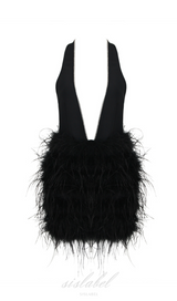 PLUNGE HALTER NECK FAUX FEATHER MINI DRESS