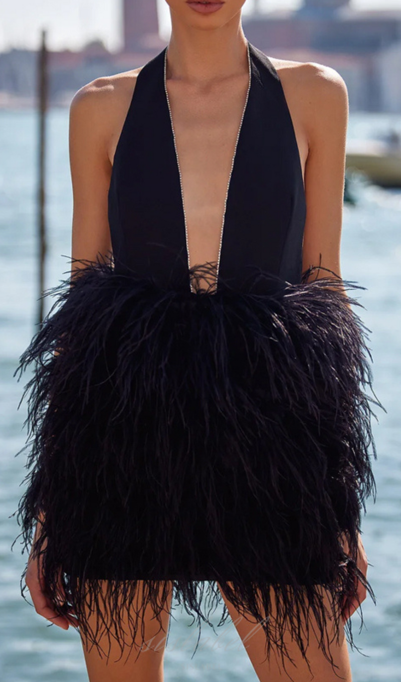 PLUNGE HALTER NECK FAUX FEATHER MINI DRESS